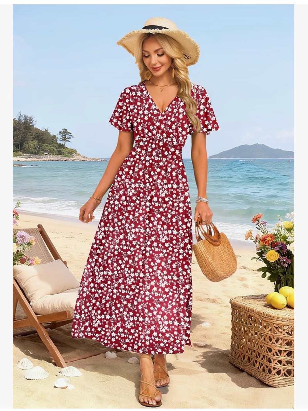 Women's Red Floral Short Sleeve Dress Sz XXL